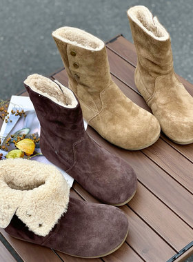 真皮两穿羊羔毛雪地靴女2025冬季新款森系复古毛毛鞋勃肯厚底短靴