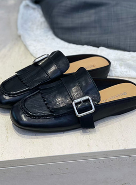 MEMA英伦风真皮乐福鞋女黑色搭扣一脚蹬百搭流苏穆勒鞋