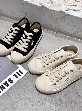 透气平底帆布鞋女2025新款小众简约经典系带板鞋舒适软底小白鞋潮