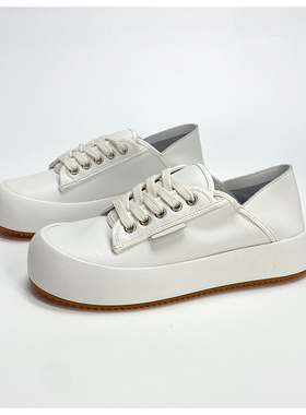 欧洲站真皮小白鞋女2025春季新款厚底休闲圆头面包鞋两穿简约板鞋