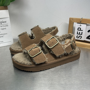 欧洲站羊羔毛勃肯鞋女2023冬季新款皮带扣真皮凉鞋软底平底毛毛鞋