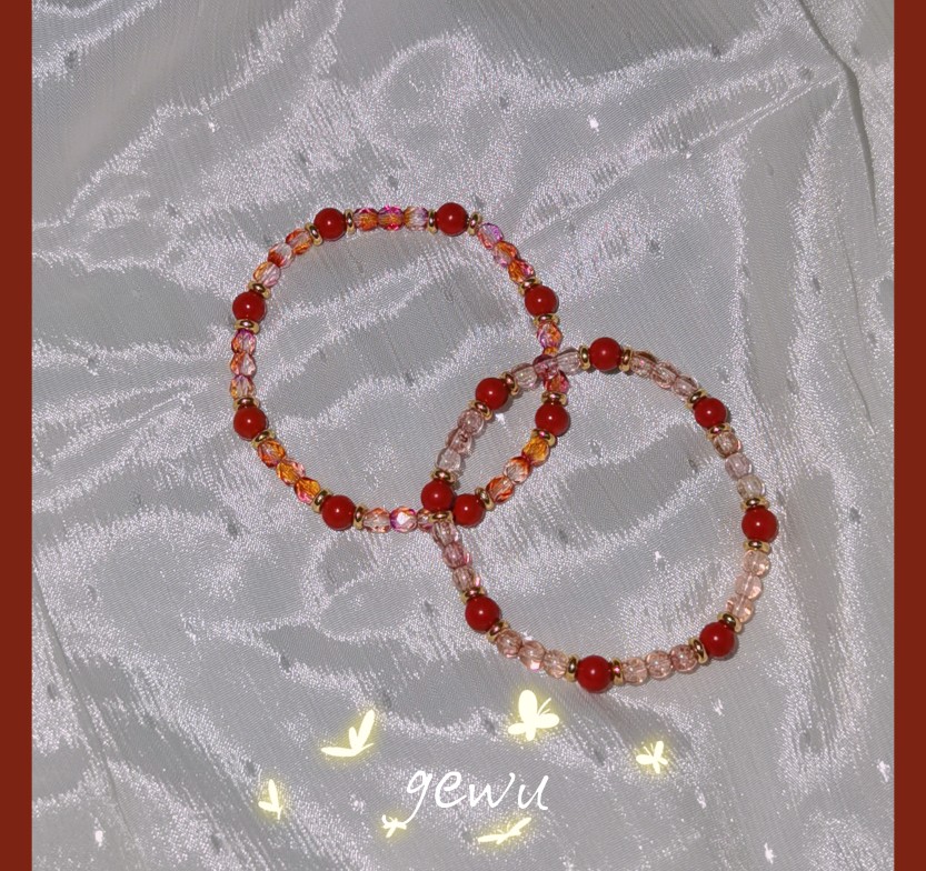 gewu原创《喜相逢》捷克琉璃手串朱砂圆珠手链复古汉元素显白