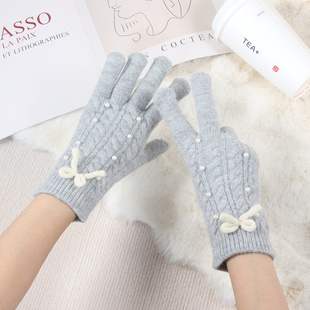 秋天 学生ins 羊绒手套女冬季 针织毛线可爱珍珠蝴蝶结保暖触屏韩版