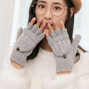 半指翻盖手套羊绒毛线半截女冬天针织露指学生可爱漏指保暖秋冬季