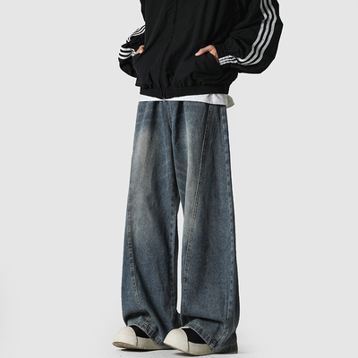 蓝色复古阔腿牛仔裤男款2025夏季新款宽松显瘦百搭青少年直筒裤子