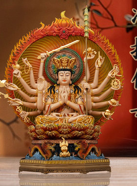 黄铜彩绘十八臂准提佛母供奉像