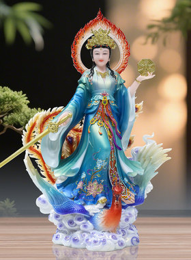 踏凤九天玄女娘娘汉白玉神像摆件