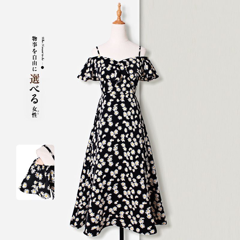 Small daisy dress for women, summer one-shoulder chiffon floral suspender skirt, slim niche long skirt design feminine