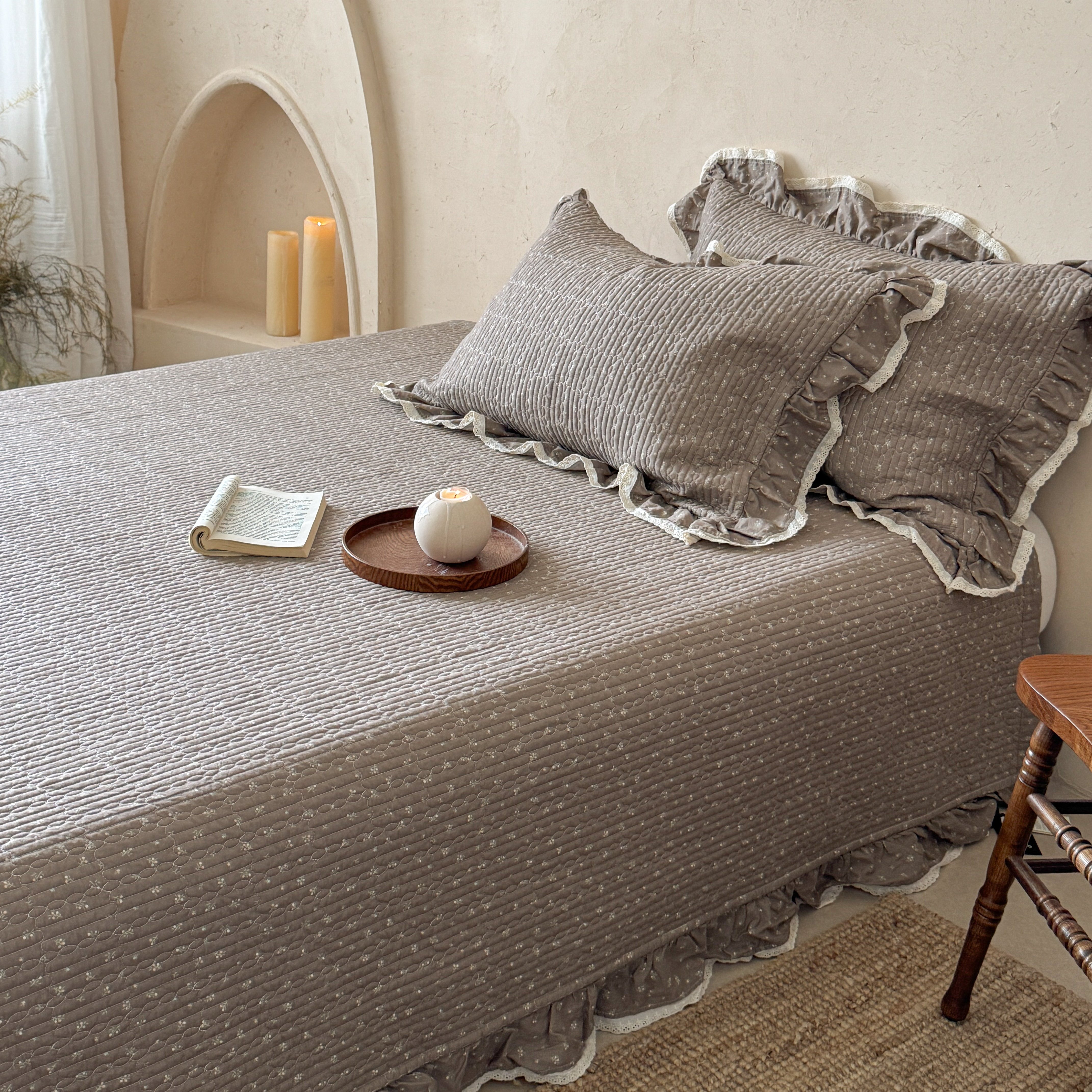 温柔韩系全棉花边床盖三件套