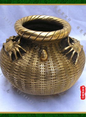 铜螃蟹罐子铜鱼篓罐黄铜罐子工艺品鱼具渔具摆件