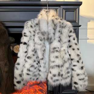 斑点豹纹皮草外套小香风 设计感狐狸毛腹毛立领短款 伯爵千金