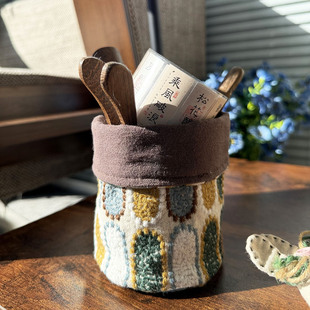 枫外原创手作晚夏刺绣棉麻笔筒温柔朴实的陪伴文具收纳小筐整理筒