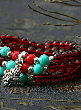 仿石榴石绿松石108颗佛珠手链