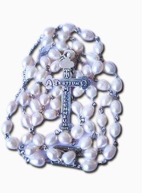 Natural Pearl Cross天然珍珠玫瑰念珠59颗玫瑰珍珠lotus长款项链