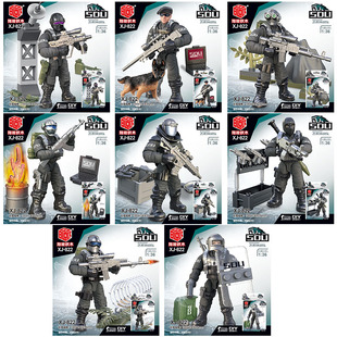 关节可动军事拼装中国积木人仔警察飞虎队士兵武器儿童益智玩具