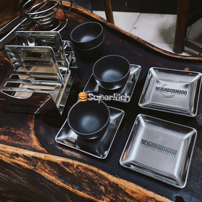 包邮Nbhd黑化风露营杯垫一套六支装套盒不锈钢厚实防锈杯托方形帅