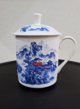 包邮sup青花瓷山水杯意境佛系泡茶叶杯茶杯手拿杯潮流复古骨瓷杯