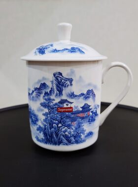 包邮sup青花瓷山水杯意境佛系泡茶叶杯茶杯手拿杯潮流复古骨瓷杯