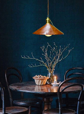 民宿loft吊灯牛皮床头楼梯灯侘寂卧室纯黄铜复古灯吧台简约餐桌灯