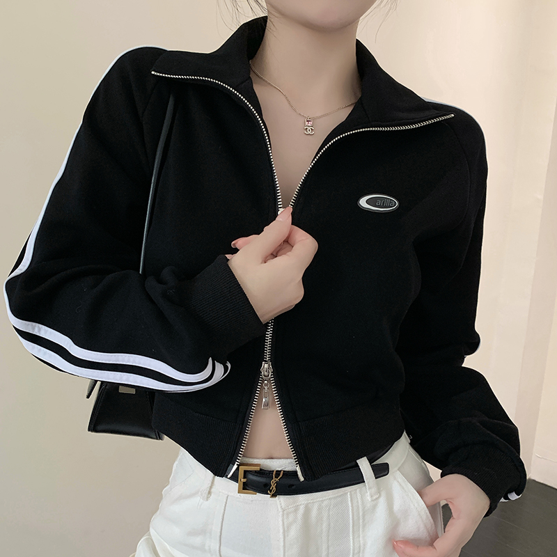 实拍春夏运动设计风辣妹短款卫衣女小个子拉链棒球服薄款外套上衣