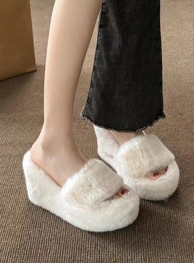 SHOEBOX小个子9cm超高跟气质毛毛加绒一字拖外穿坡跟厚底松糕棉拖
