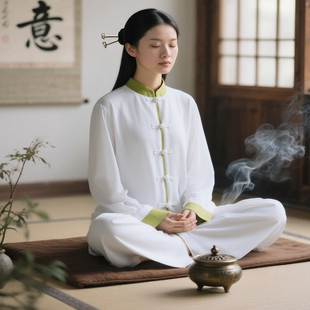 居士道服打坐禅服修行素衣禅意佛系高端女装盘扣改良版太极服练功