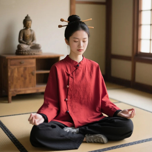 打坐居士禅服女亚麻禅意佛系女装拜佛修行道服素衣中国风唐装汉服