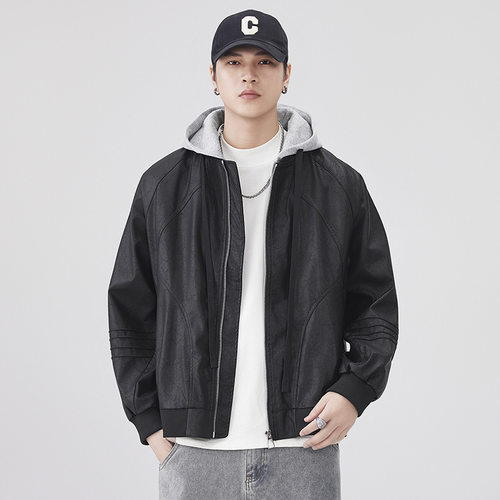 连帽假两件PU皮夹克男外套
