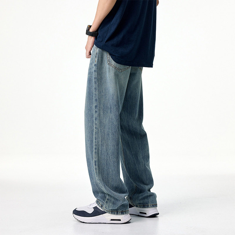 莱赛尔扎痕男宽松直筒牛仔裤
