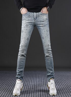 高端潮牌小蜜蜂烫钻男牛仔裤