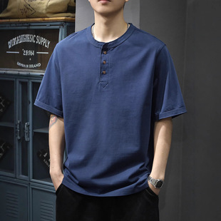 高端美式潮牌亨利领男士pol衫夏季纯色简约短袖t恤痞帅纯棉半袖衫