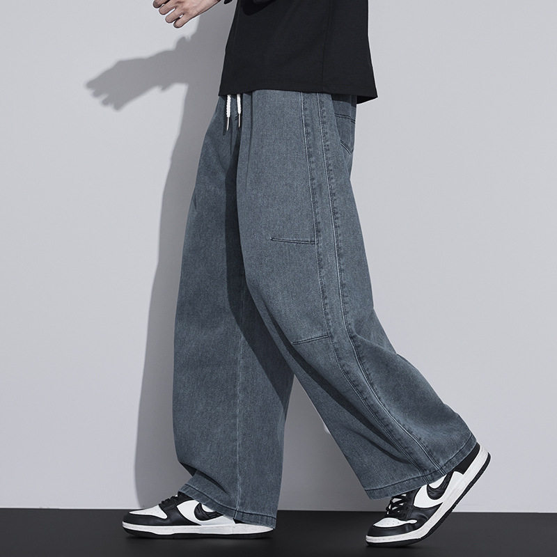 美式复古阔腿抽绳牛仔裤男