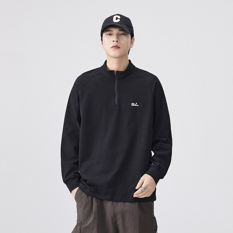 男士半拉链纯棉卫衣无帽衣服男款长袖2025新款刺绣打底衫速干上衣