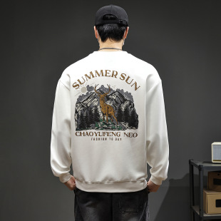 印花体恤男款 潮牌宽松上衣男士 复古330g重磅圆领卫衣男春秋款 美式