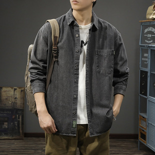 水洗牛仔衬衫 长袖 秋季 新款 外套 美式 痞帅休闲夹克宽松工装 复古男士