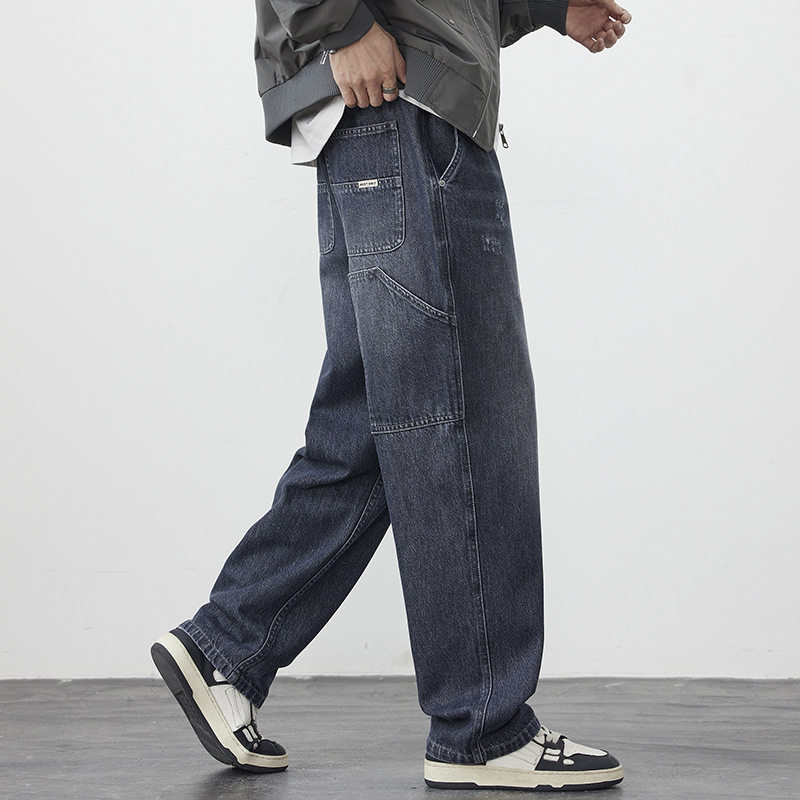 美式复古水洗直筒工装牛仔裤
