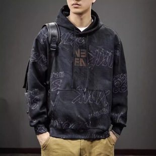 重磅宽松长袖 卫衣2024秋季 高街痞帅外套 潮牌云染印花连帽男士 美式