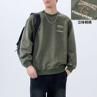 高级感潮牌衣服男士 秋季 宽松休闲上衣外套 重磅麂皮绒卫衣男款 美式