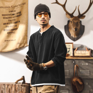 加绒卫衣亨利衫 假两件美式 新款 T恤男秋季 复古重磅欧棉绒长袖