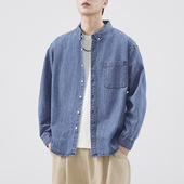 休闲工装 外套春秋季 美式 牛仔衬衫 长袖 复古新款 蓝色男款 衬衣潮 男士
