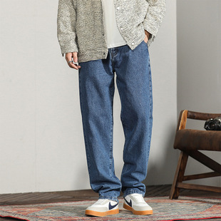 纯棉宽松直筒单褶斜口袋无弹复古高腰老爹裤 经典 春秋款 牛仔裤 男士