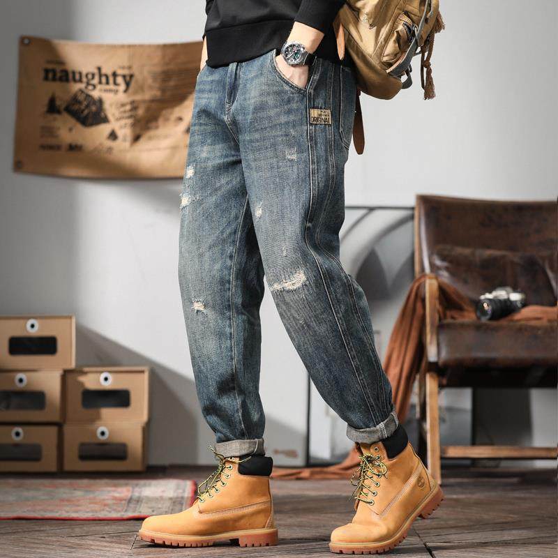 美式重磅复古破洞牛仔裤男