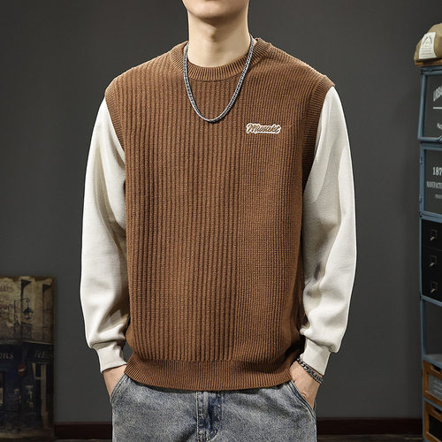 秋季新款假两件拼接撞色毛衣男秋冬重磅长袖毛线衫内搭针织打底衫