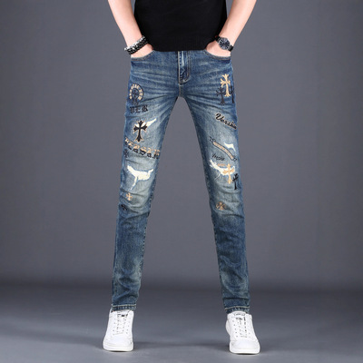 香港高端欧货潮牌牛仔裤男款时尚十字架刺绣痞帅秋冬修身小脚男裤