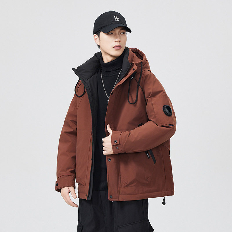 砖红羽绒服男冬季2025新款加厚保暖连帽男士短款潮牌工装外套大码
