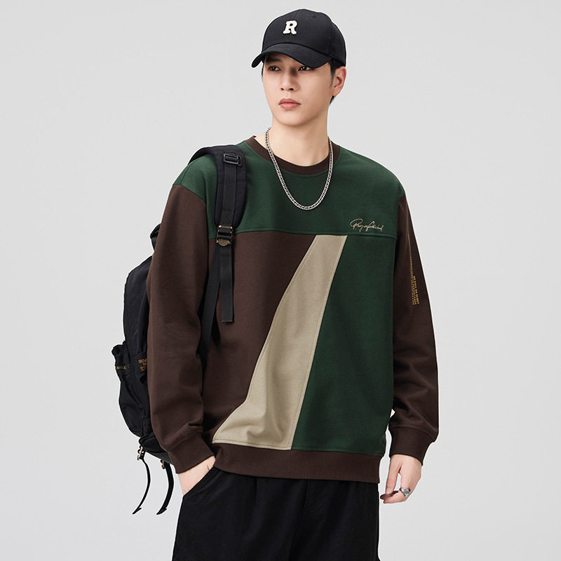 圆领卫衣男士美式重磅高级感拼色外套潮牌百搭通勤穿搭上衣男