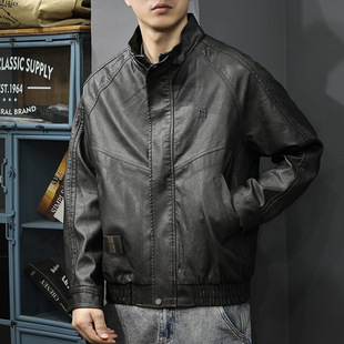 秋冬新款美拉德加绒皮衣男美式复古机车风PU皮夹克短款飞行员外套