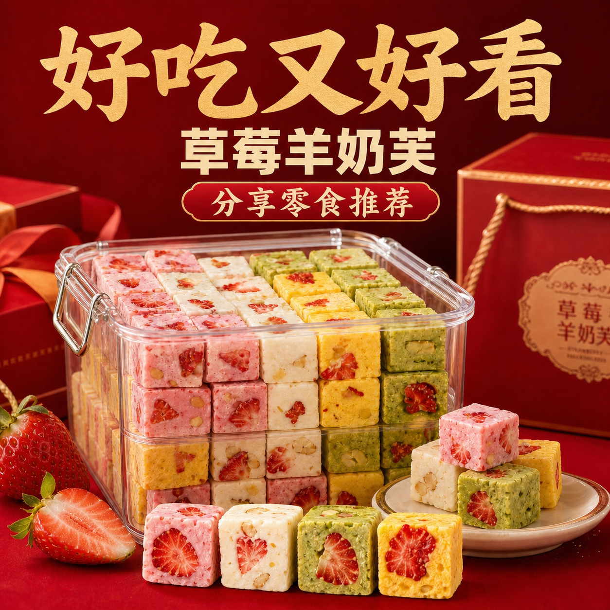 网红草莓蓝莓羊奶芙雪花酥小包装