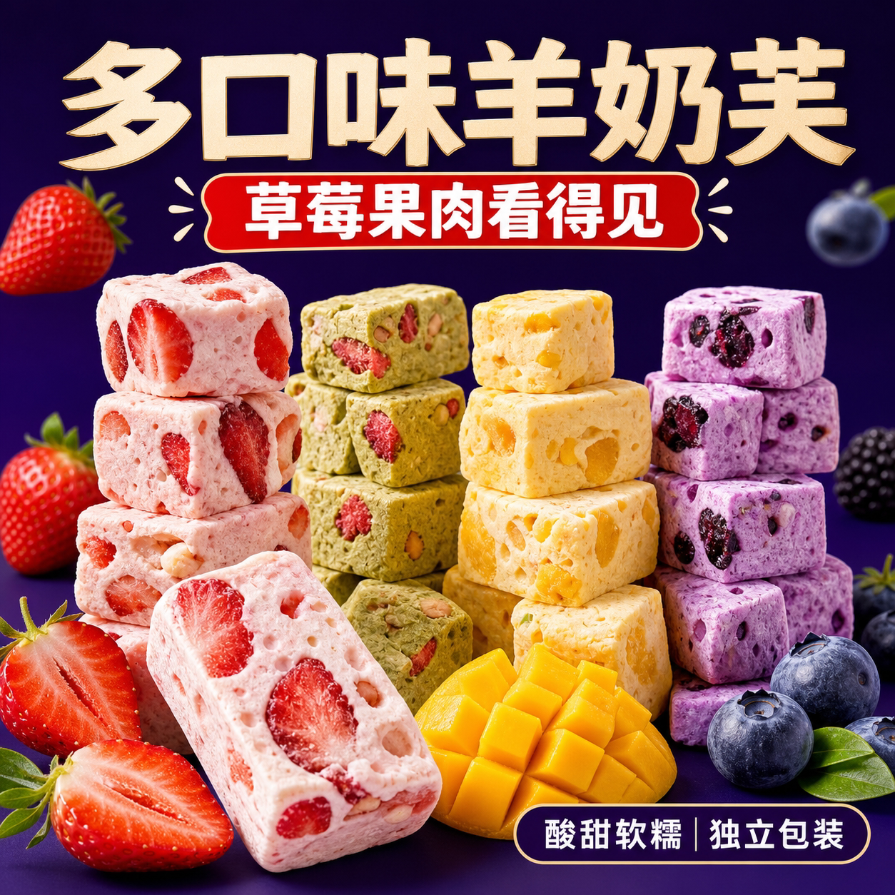 网红草莓蓝莓羊奶芙雪花酥小包装