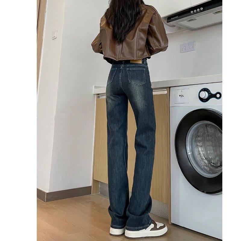 复古蓝灰色直筒牛仔裤女2025秋冬新款高腰显瘦宽松窄版烟管阔腿裤